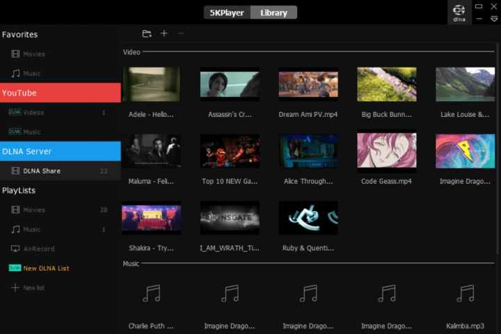 5KPlayer می تواند موسیقی را از منابع مختلف، حتی وب سایت های ویدیویی مانند یوتیوب، پخش کند.