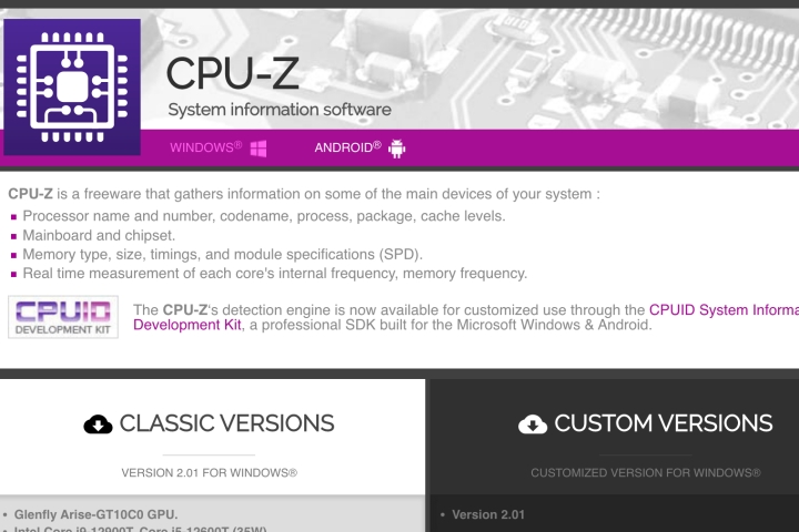 صفحه اصلی CPU-Z.