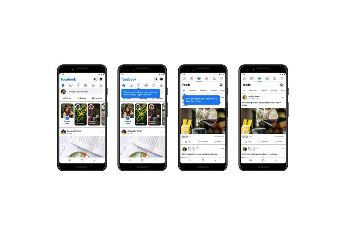 مجموعه ای از چهار گوشی هوشمند اندرویدی که تب جدید فیس بوک Feeds را در عمل نشان می دهد.