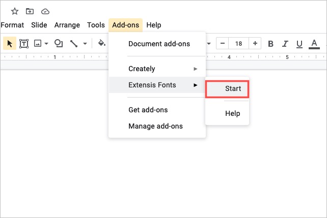 از کنار Extensis Fonts در منوی کشویی Add-ons شروع کنید.