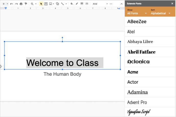 نوار کناری Extensis Fonts در Google Slides باز است.