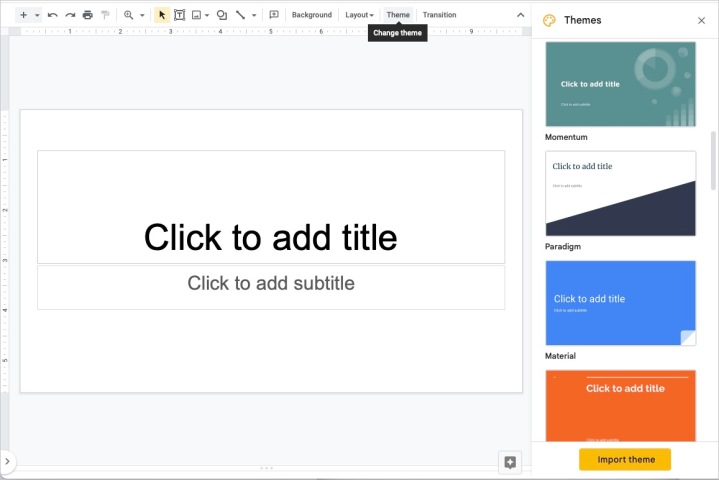 دکمه موضوع در نوار ابزار Google Slides.