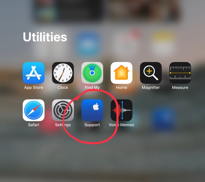 پوشه ابزارهای سیستم عامل iPad با برنامه Apple Support با دایره قرمز رنگ