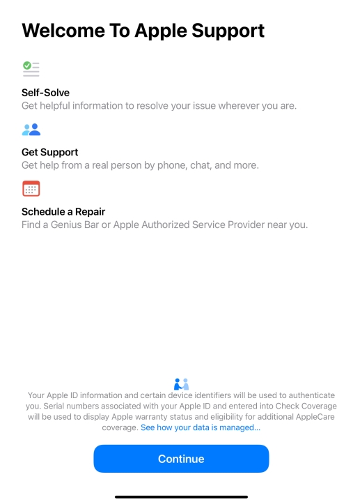 صفحه خوش آمدگویی برنامه Apple Support برای کاربرانی که اولین بار هستند، توضیح می دهد که برنامه چه کاری انجام می دهد