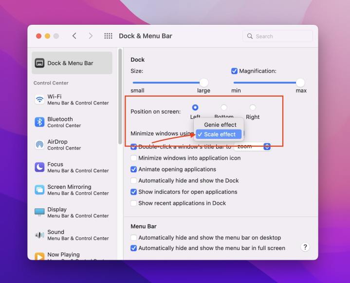 جلوه کوچک کردن تنظیمات MacOS Dock را تغییر دهید.
