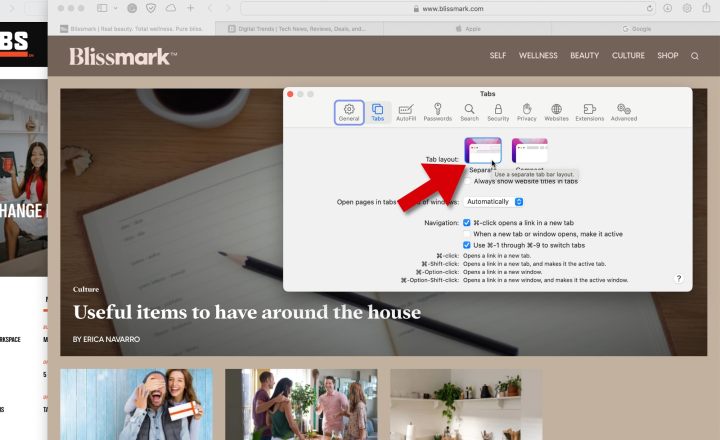 گزینه های طرح بندی Tab Safari شامل مجزا و فشرده می شود.