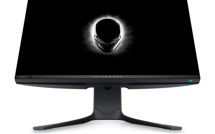 مانیتور بازی Alienware 25 AW2521H لوگوی Alienware را در پس زمینه سفید نمایش می دهد.