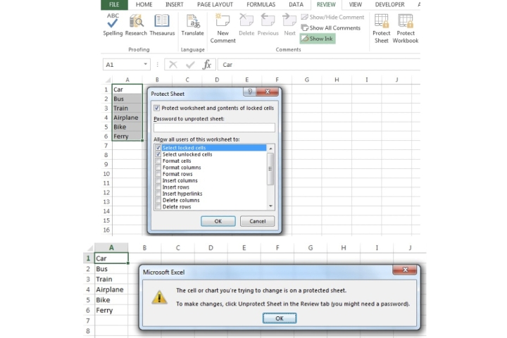 گزینه Protect Worksheet برای قفل کردن سلول ها در Microsoft Excel.