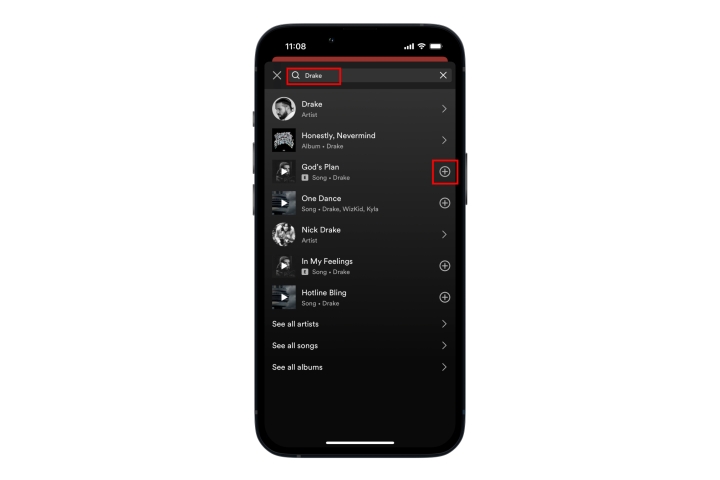نحوه جستجوی آهنگ و افزودن آن به لیست پخش Spotify در برنامه تلفن همراه.