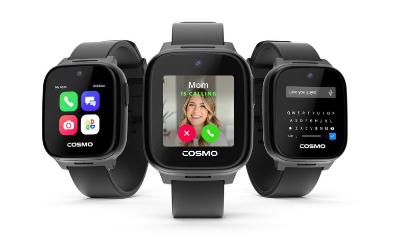 Three views of the Cosmo JrTrack 5 kids smartwatch.
